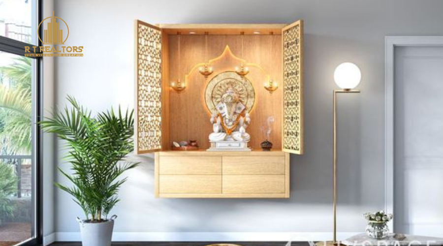 Floating plywood mandir design